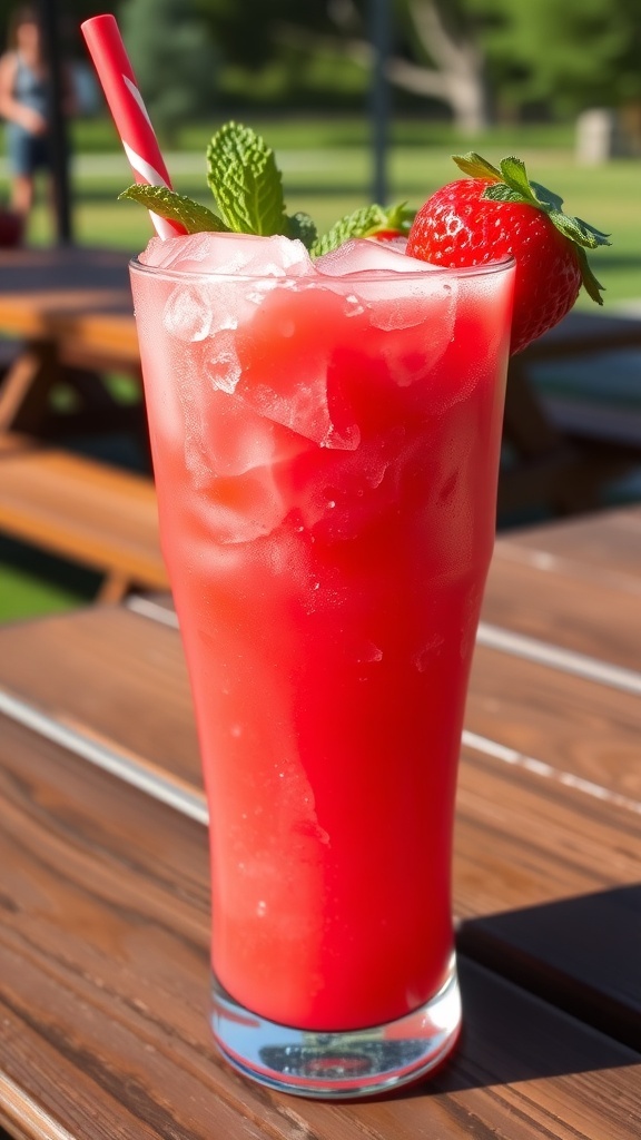 A refreshing glass of strawberry slush garnished with mint leaves, set in a sunny outdoor picnic setting.